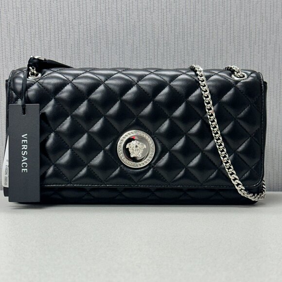 Versace Black Quilted Leather Crossbody Shoulder Bag w/ Silver Medusa – NWT - Picture 1 of 14